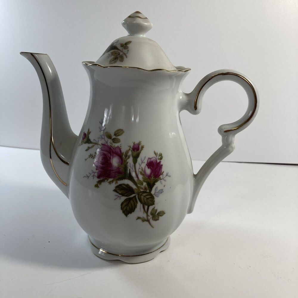 Vintage Japan "Moss Rose" Tea Pot w/ Lid 9.5 “ Tall